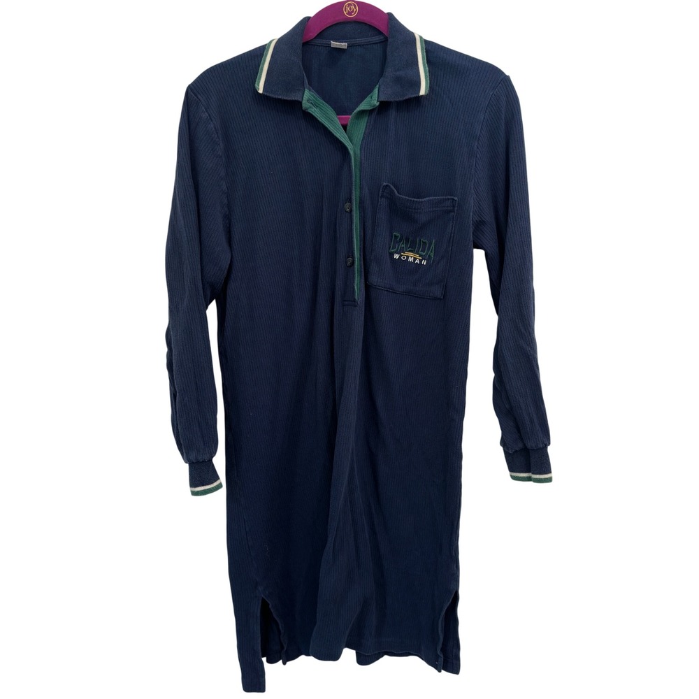 Calida Nightgown Vintage Navy‎ Blue 100% Cotton Ribbed Polo Collar Swiss Made XS